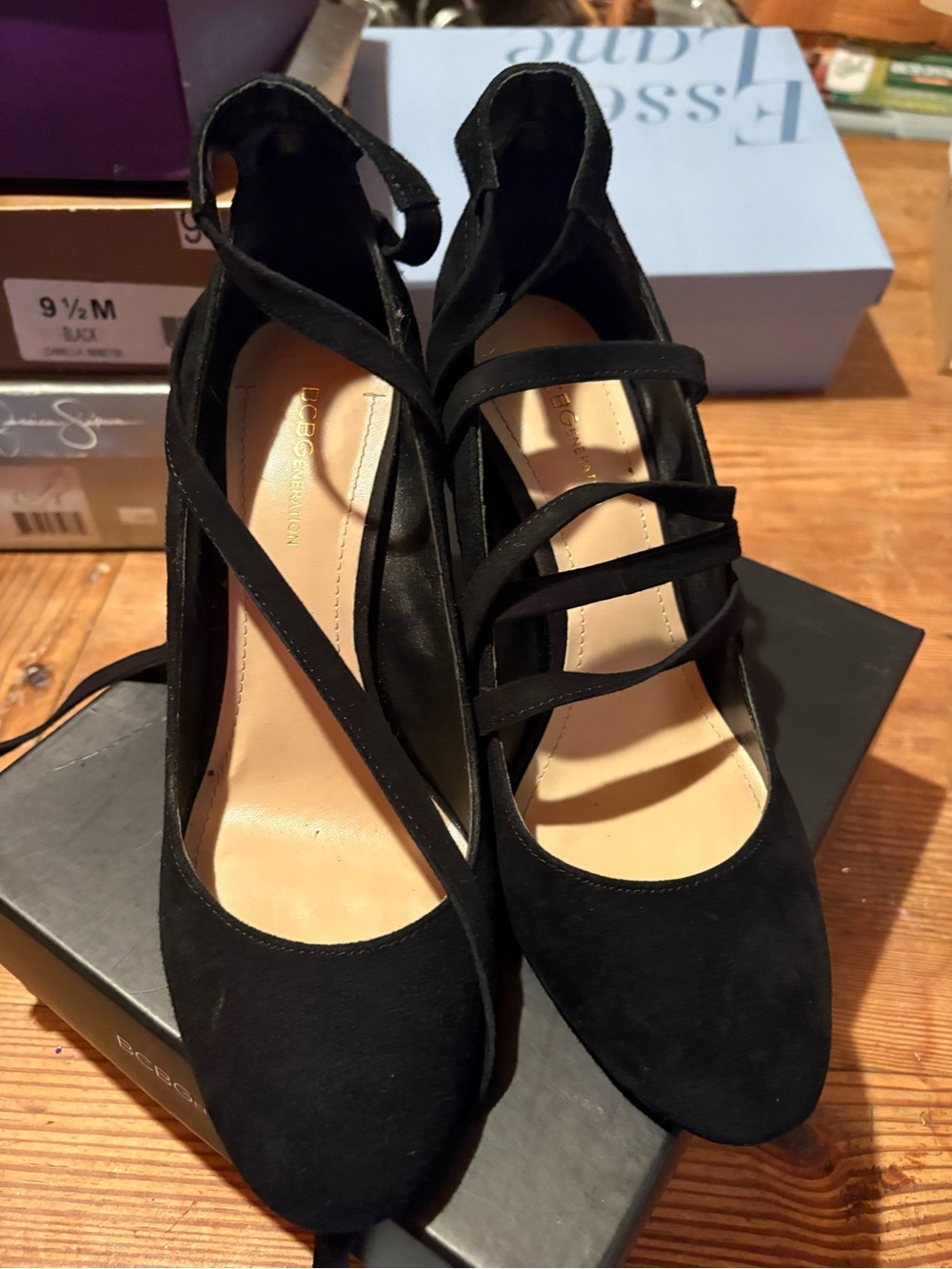 BCBGeneration Black Strappy Suede-Look Heels